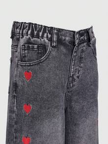 Celana Jeans Longgar Model Lurus dengan Bordir Hati Manis Model Terbaru untuk Anak Perempuan - Hitam - View 7