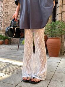 DAZY Women's Lace Patchwork Design Flared Leg Pants - White - View 5