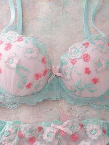 Elorette 2pcs Mint Green Underwire Bra Set, High Support, Lift & Cleavage, Floral Embroidery, Push-Up Comfy Balconette Bra Lingerie Set - Mint Green - View 5