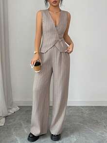 DAZY 女士休闲条纹背心和裤子两件套，夏季 - 卡其色 - 查看 4