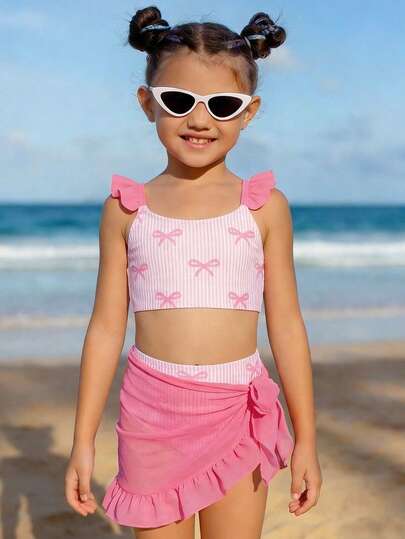 女童三件套比基尼，可爱粉色竖条纹蝴蝶结针织面料肩带纯色荷叶边网纱裙，时尚休闲优雅，适合游泳、夏季度假、海滩、泳池、节日派对