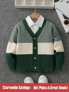 SHEIN 男童休闲日常撞色纽扣开衫，秋冬季圣诞节万圣节开衫毛衣 - 墨綠色 - 查看 1