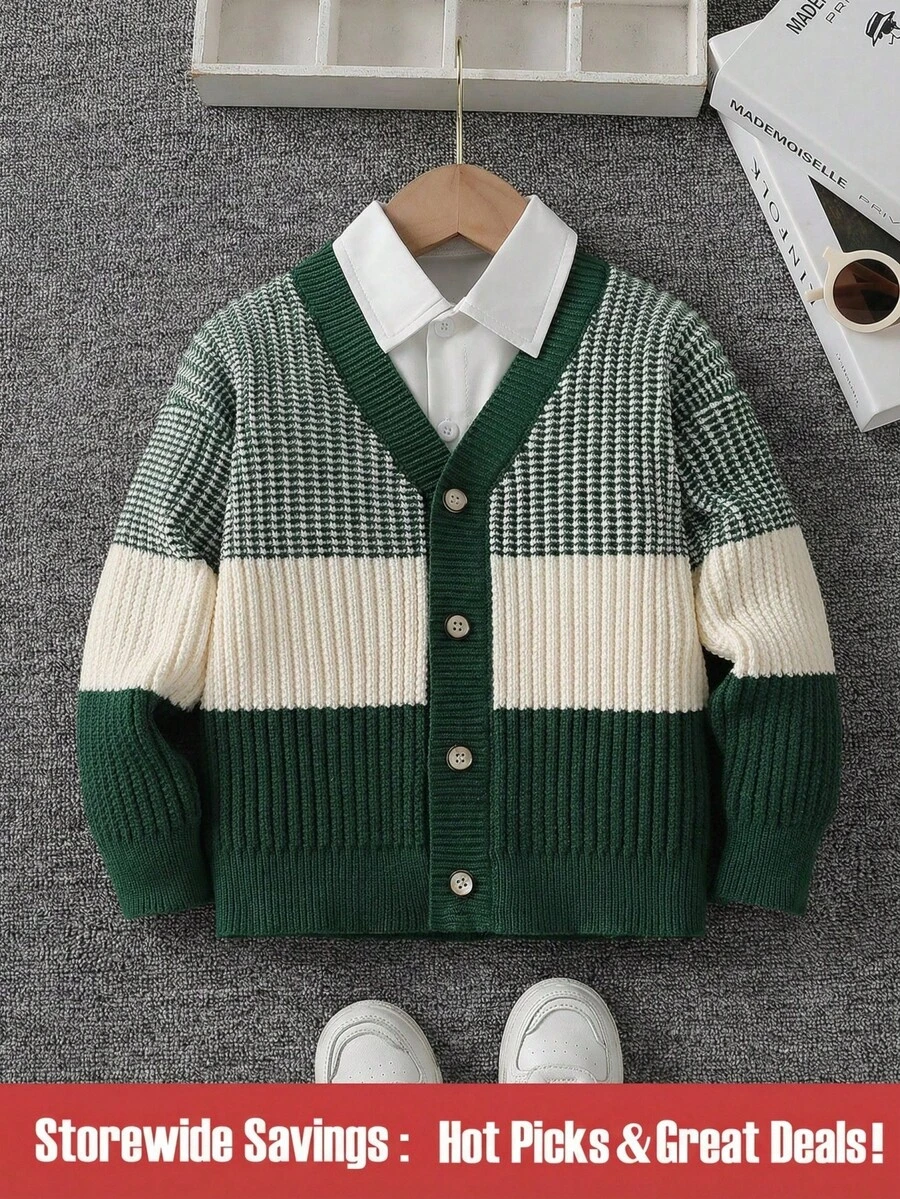 SHEIN 男童休闲日常撞色纽扣开衫,秋冬季圣诞节万圣节开衫毛衣 - 墨綠色 - 查看 1