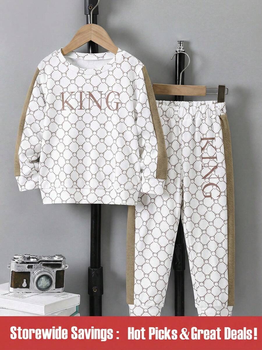 2pcs Young Boys Geometric Letter Print Crew Neck Long Sleeve Sweatshirt And Pants Casual Outfit, Spring Autumn - Multicolor - View 1