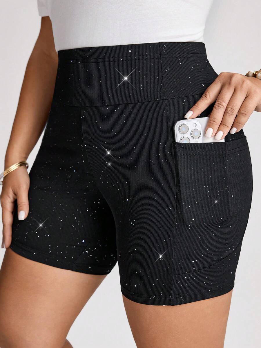Comfylo Plus Size High Waist Basic Casual Sports Black Short Cycling Leggings - Black - View 1
