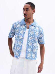 SUMWON Men's Light Blue Boxy Fit Short Sleeve Crochet Resort Shirt With Button Front Snowflake Pattern Summer Vacation Beach Holiday - Blue - View 4
