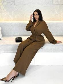 Shopreo Women Vintage Casual Vacation Office Round Collar Belted Loose Shacket And High Waist Loose Pants - Chocolate Brown - View 5
