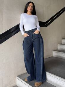 Marta Soriano 女式褶皱直筒牛仔裤、宽松牛仔裤 - 深色水洗藍 - 查看 1