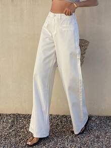 DAZY 女士休闲纯白色口袋水洗阔腿牛仔裤，春夏款 - 米色 - 查看 5