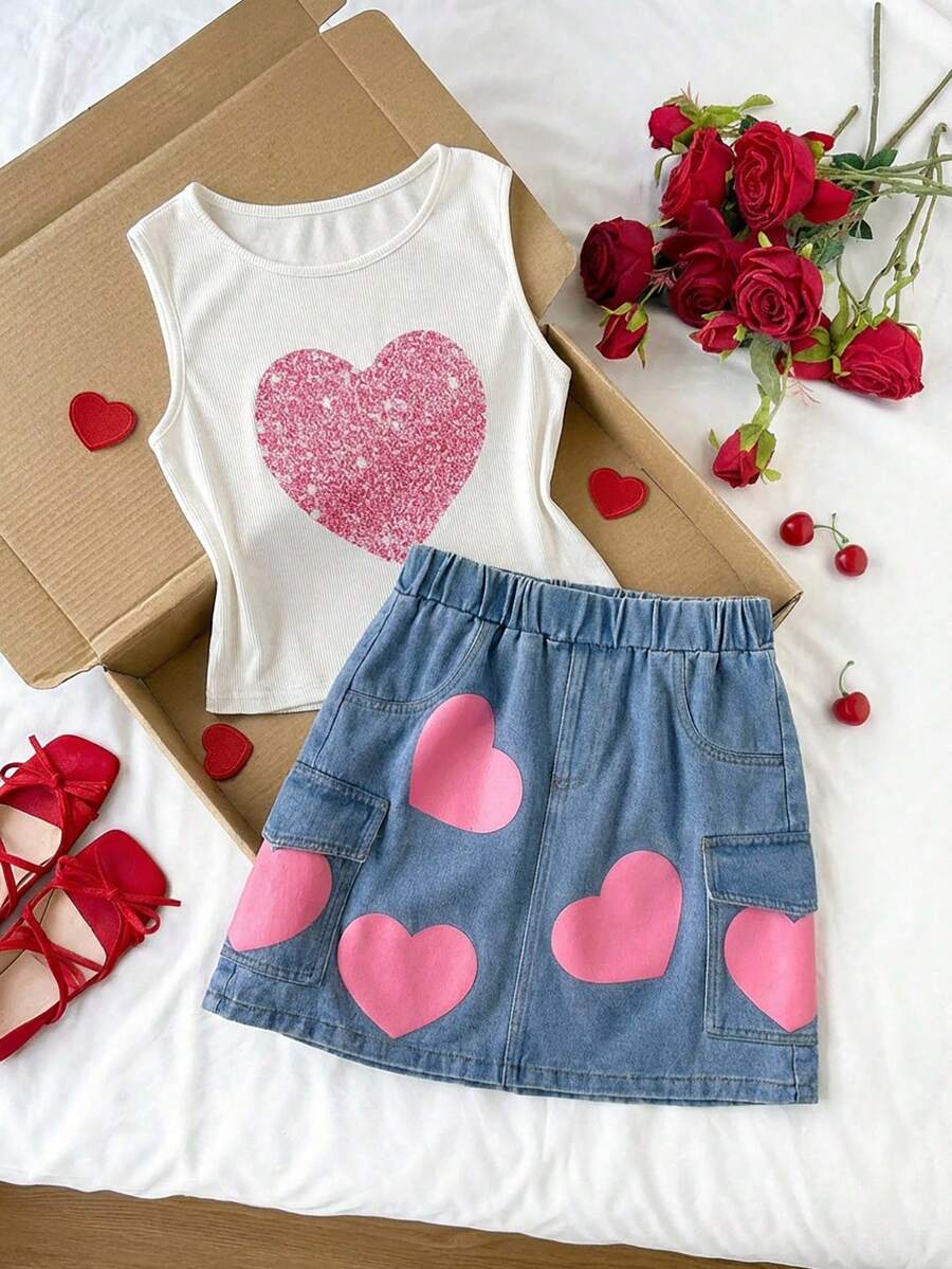 SHEIN Set de 2 piezas: Parte superior sin mangas de cuello redondo y falda vaquera con estampado de corazón para niñas, conjunto de top de cuello redondo minimalista casual y falda vaquera, conjunto de 2 piezas con falda utilitaria de cintura elástica y bolsillos planos, cómodo y casual, adecuado para la escuela y el campus - Blanco - Ver 1