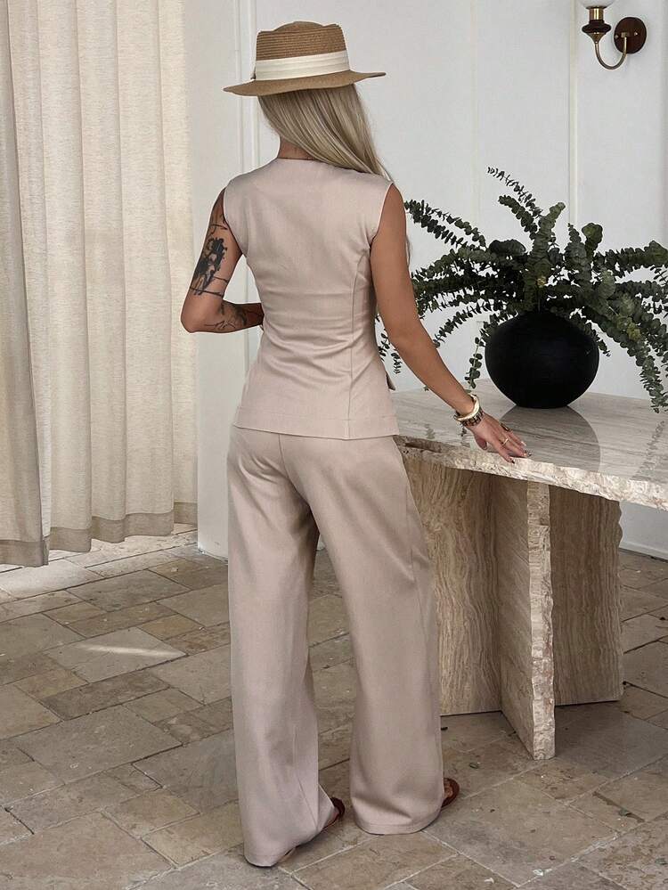 Women's Casual Solid Color Faux Pocket Oblique Lapel Round Neck Vest And Wide Leg Pants Suit, Summer