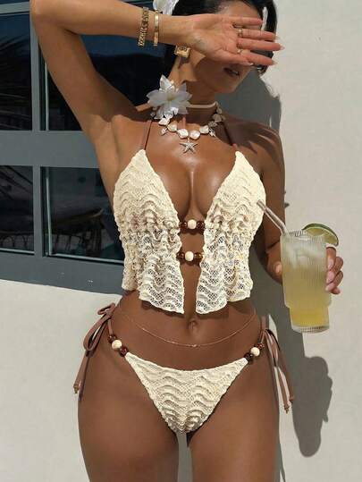 Swim Vcay 女士夏季沙滩度假纹理面料串珠装饰吊带露背性感吊带背心和比基尼套装