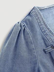 SHEIN Đầm ngắn cổ vuông bằng vải denim xanh cho bé gái - Rửa nhẹ - Xem 4