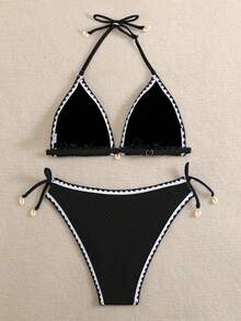 SHEIN 少女夏季泳装度假条纹露背系带性感比基尼套装，2件套，夏季沙滩 - 黑與白 - 查看 2