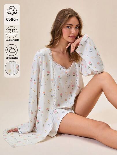 Loomlin 3pcs Cottonline Women COLOURFUL HEART Patterned Lace Detail Sexy Strappy Sleep Top + Robe + Sleep Shorts Bottom Casual Comfort Cute Lounge Pajama Set Pijama Set For Woman 100 Cotoon Women Summer Pajama Sleep Wear Women Summer Pajamas Set For Woman