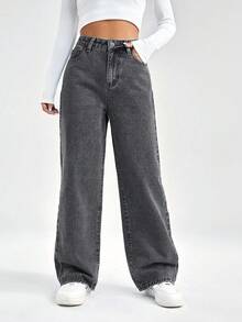EURMUSE Women's Pocketed Wide Leg Loose Casual Versatile Jeans - Grey - View 3
