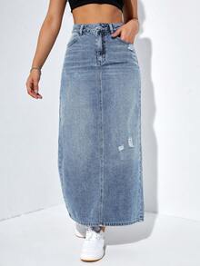 Rivivi Casual Washed Distressed High Waist Long Denim Skirt - Blue - View 6