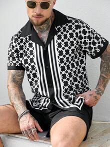 Manfinity CasualCool Bộ đồ nam thường ngày gồm áo sơ mi ngắn tay kẻ sọc hình học và quần short. - Nhiều màu - Xem 6