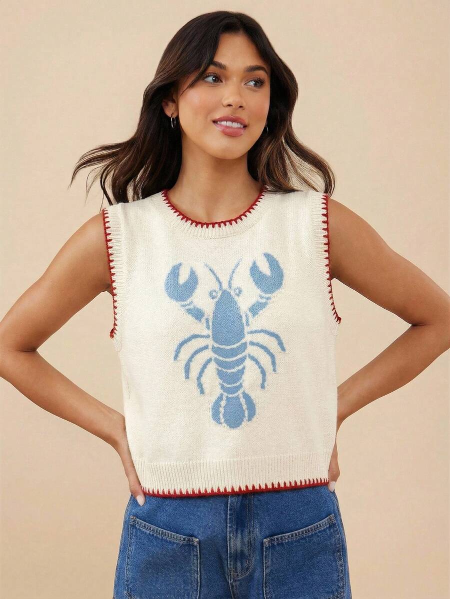 WESTFADE Round Neck Multi Stitch Summer Lobster Intarsia Sweater Tank Top Spring Break Vacation - Baby Blue - View 1