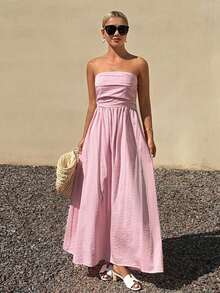 DAZY Đầm nữ không dây, thắt eo, kiểu dáng thường ngày - Hồng - Xem 7