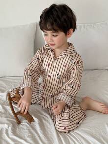 DAZY Young Boy Striped Pattern Long Sleeve Button-Up Top And Pants Pajama Set - Khaki - View 6