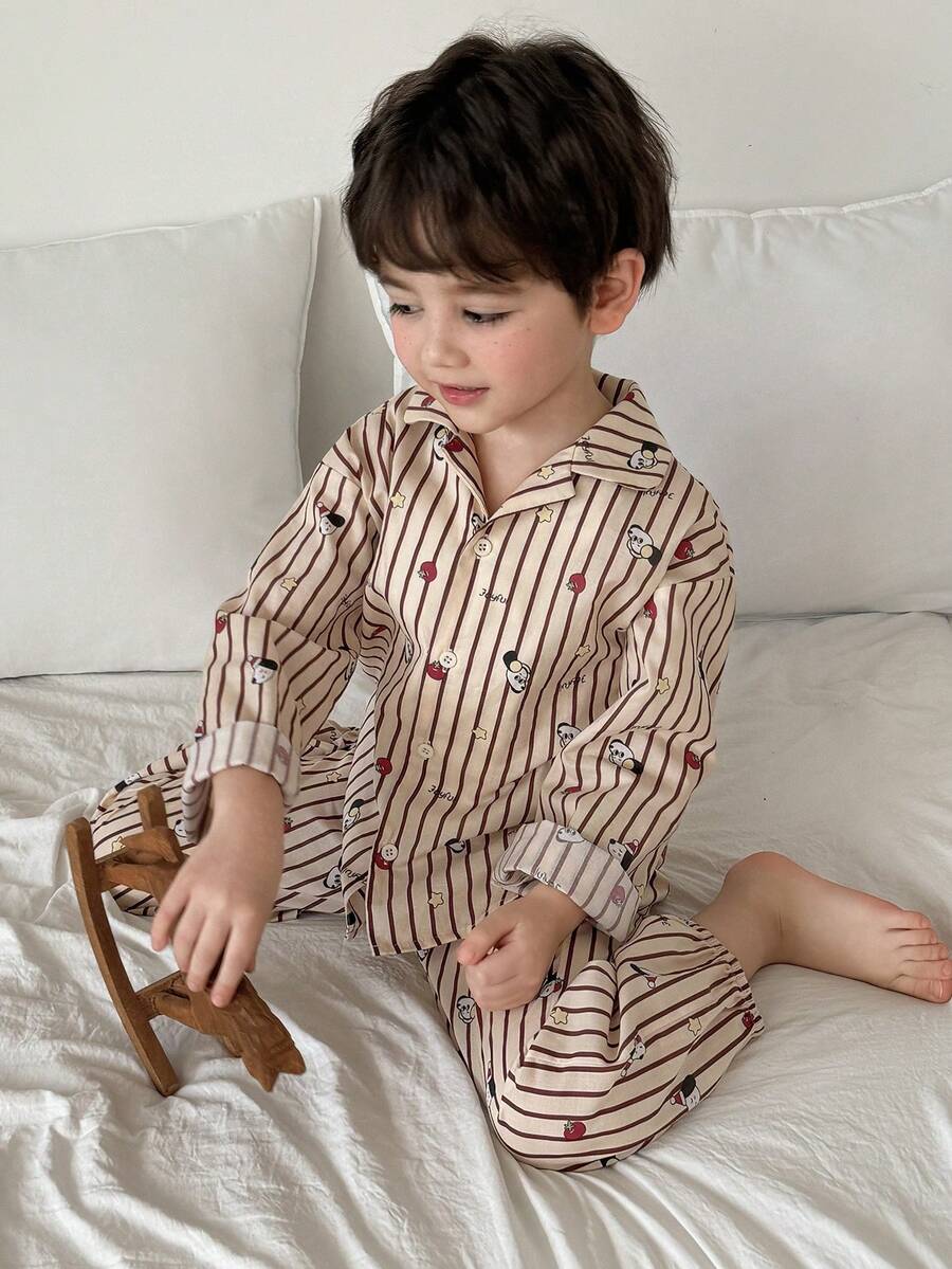 DAZY Young Boy Striped Pattern Long Sleeve Button-Up Top And Pants Pajama Set - Khaki - View 1