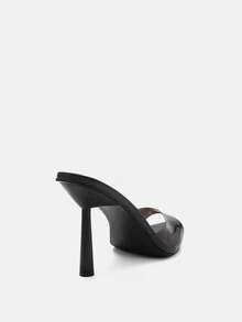 Glitzique Sandalias de tacón alto mujer con puntera puntiaguda y decoración de pirámide transparente negro, tacones glamorosos para fiestas - Negro - Ver 6