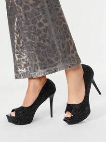 Glitzique 2025秋冬季女士性感高跟厚底露趾细跟鞋，派对装扮 - 黑色 - 查看 7