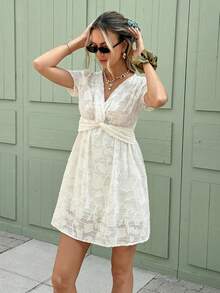 Serisse Women's Cutout V-Neck Short Sleeve Twist Waist Casual Mini Dress - Apricot - View 4