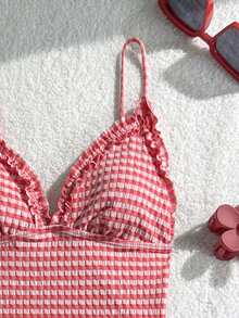 Swim Mod 女士甜美纹理格子吊带泳衣套装，适合泳池、海滩和夏季度假 - 紅色 - 查看 4