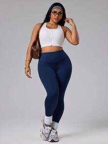 SHEIN Sports Leggings basic da donna taglie forti per yoga/fitness all'aperto con vita a V poco profonda - Blu Navy - Visualizzare 6