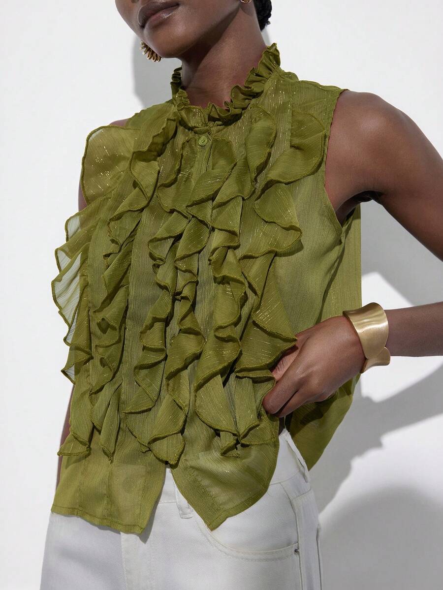 Aveloria Modichic Olive Green Sleeveless Layered Ruffle Collar Blouse, Metallic Striped Chiffon Elegant Casual Versatile Top, Vintage French Romantic Style - Green - View 1