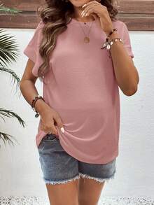 SHEIN Áo thun bầu tay ngắn cổ cánh dơi màu trơn, dáng rộng, thoải mái. - Hồng - Xem 6