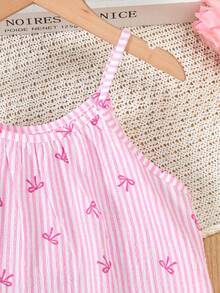SHEIN Tween Girl Striped Bow Print Casual Vacation Camisole Dress - Baby Pink - View 6