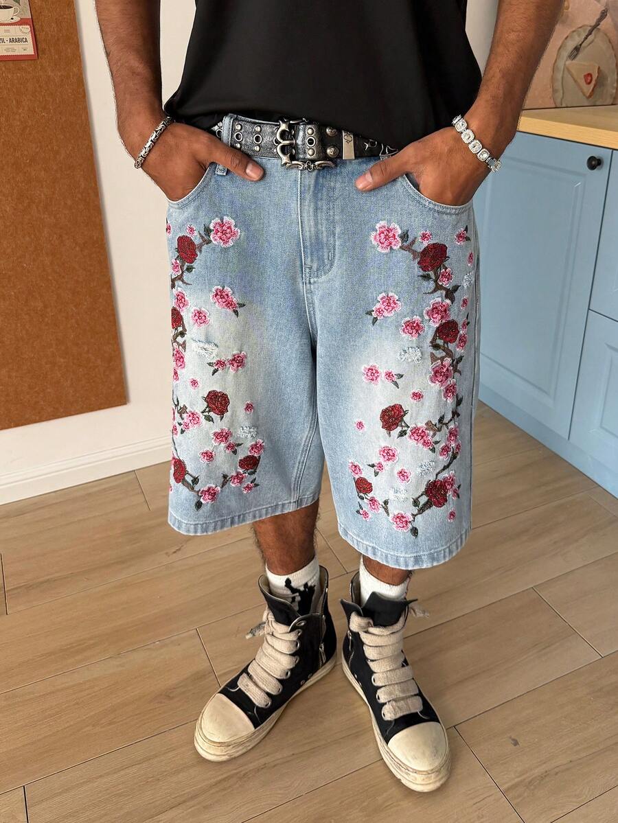 STEELVANCE Quần short denim nam màu xanh dương thêu họa tiết, phong cách đường phố thường ngày. - Rửa nhẹ - Xem 1