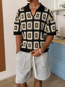 STEELVANCE Men's Geometric Hollow Short Sleeve Casual Polo Shirt - Black and White - View 3