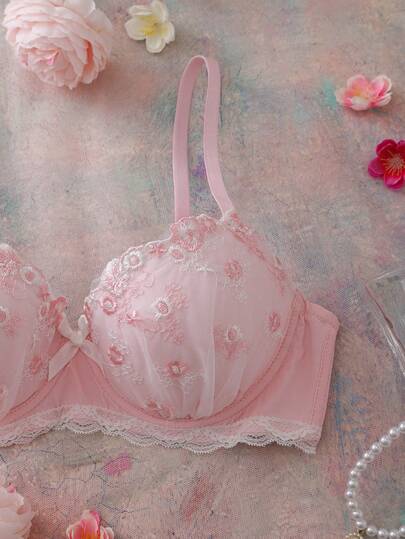 Pink Floral Embroidered Bra With Steel Rings, High Support, Lift And Gather, Romantic Pastoral Style Women's Lingerie