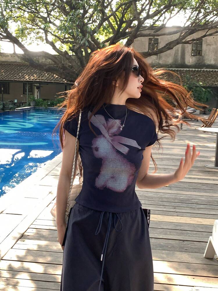 Women's Korean Style Cartoon Print Stand Collar Short Sleeve T-Shirt Summer