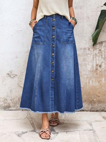 EMERY ROSE Falda vaquera de línea A de verano informal para mujer con bolsillos grandes y dobladillo deshilachado