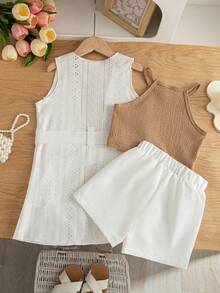 SHEIN Elladie kids 女童夏季新款简约吊带露脐背心，休闲直筒白色短裤，无袖针织提花薄外套（带腰带装饰），三件套舒适休闲时尚套装 - 彩色 - 查看 2