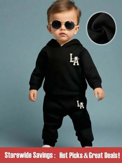 Ensemble Sweat-shirt à capuche et pantalon en molleton avec imprimé lettres rigolo pour bébé garçon, tenue décontractée et mode pour l'automne et l'hiver