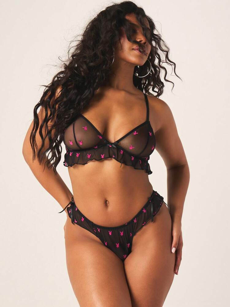 Missguided x Playboy Mesh Bralette And Thong Lingerie Set With Bunny Print Pattern Underwear Collection For Women