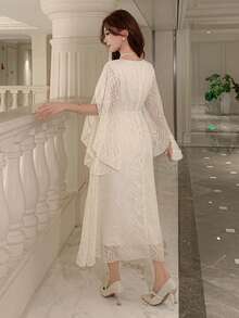 DAZY Women's V-Neck Flare Sleeve Elegant Mid-Length Dress - Beige - View 2