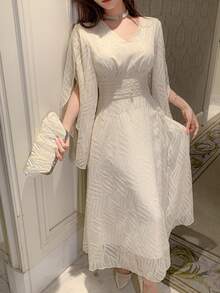 DAZY Women's V-Neck Flare Sleeve Elegant Mid-Length Dress - Beige - View 6