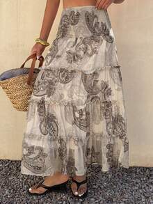 DAZY Women's Elegant Floral Print Frill Trim Skirt, Summer - Khaki - View 4