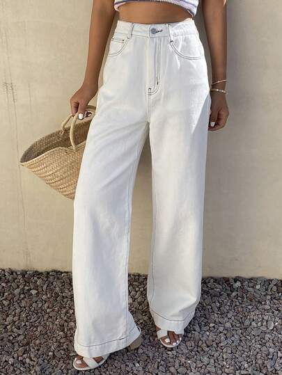 DAZY 여성 캐주얼 화이트 와이드 팬츠, 봄/여름