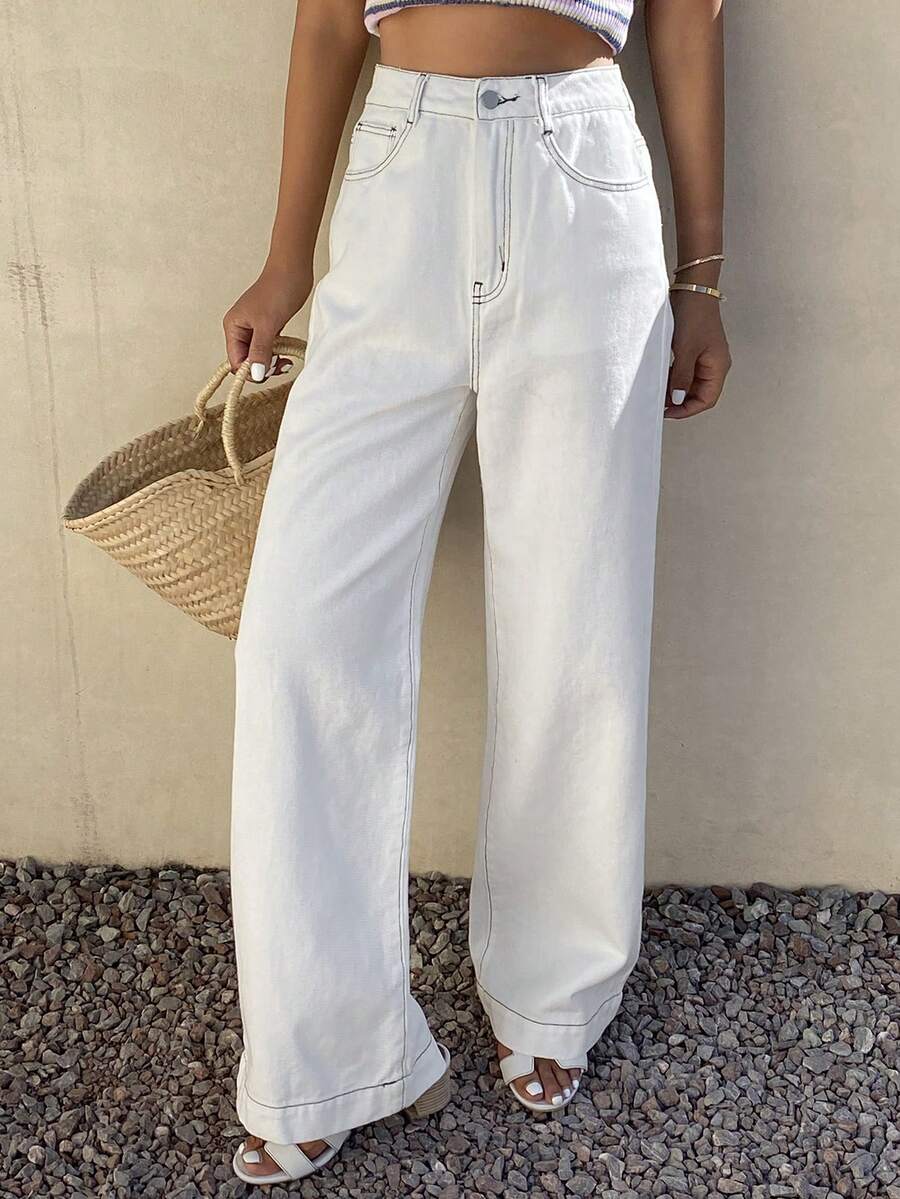 DAZY Women's Casual White Wide-Leg Jeans, Spring/Summer - Beige - View 1