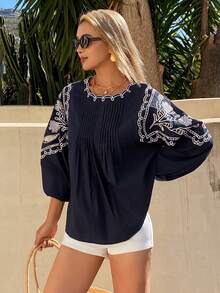 DAZY Women's Elegant Lace Patchwork Embroidered Pleated Blouse, Spring/Summer - Navy Blue - View 1