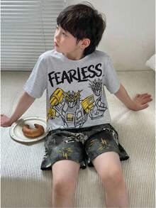 男童休闲机器人图案印花短袖T恤和短裤睡衣套装（2件套） - 灰色 - 查看 9