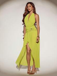 SHEIN ICON 女士荧光绿深V领高开衩连衣裙 - 綠色 - 查看 5